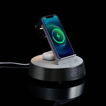 Bluetooth-колонка с беспроводной зарядкой и часами netEnergy, серая фото 