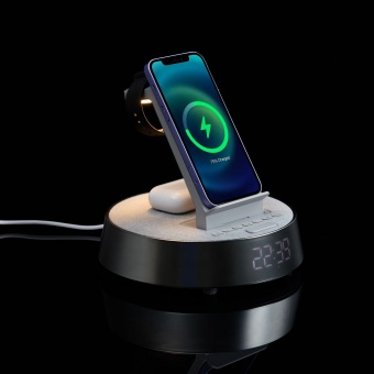 Bluetooth-колонка с беспроводной зарядкой и часами netEnergy, серая фото 