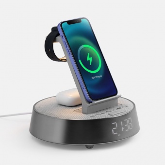 Bluetooth-колонка с беспроводной зарядкой и часами netEnergy, серая фото 