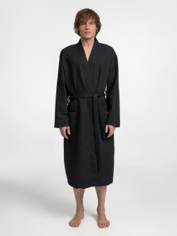 Халат вафельный Kimono, черный фото 2