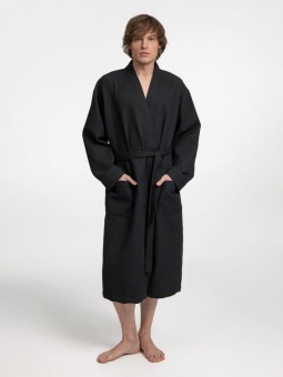 Халат вафельный Kimono, черный фото 7