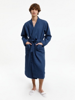 Халат вафельный Kimono, темно-синий фото 5