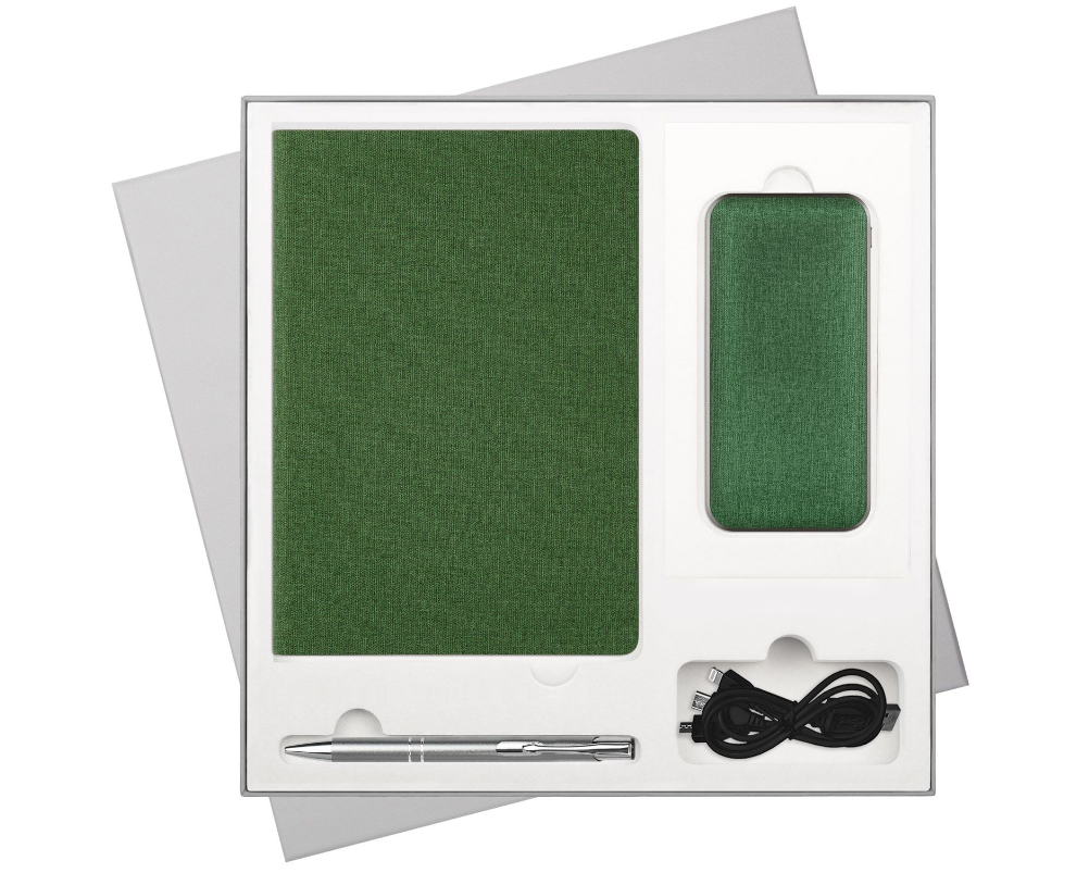 Подарочный набор Tweed, зеленый (ежедневник, ручка, аккумулятор)