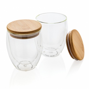 Набор стаканов из боросиликатного стекла с двойными стенками и бамбуковой крышкой, 250 мл фото 