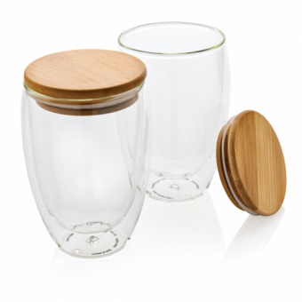 Набор стаканов из боросиликатного стекла с двойными стенками и бамбуковой крышкой, 350 мл фото 