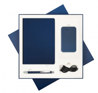 Подарочная коробка с ложементом для ежедневника, ручки и аккумулятора, синяя (под съемные ложементы) фото 
