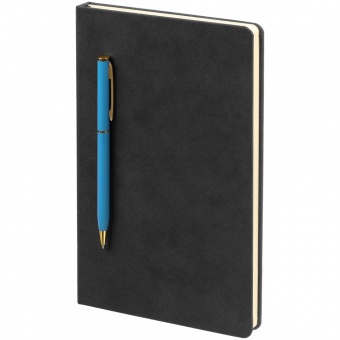 Блокнот Magnet Gold с ручкой, черный с голубым фото 