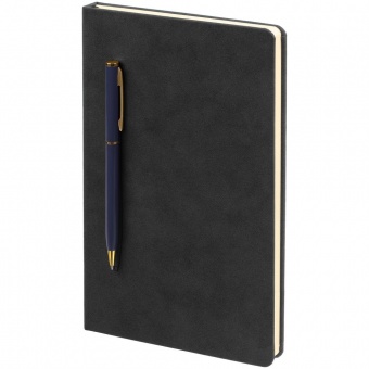 Блокнот Magnet Gold с ручкой, черный с синим фото 
