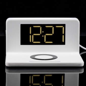 Часы настольные с беспроводным зарядным устройством Pitstop, белые фото 