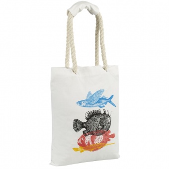 Холщовая сумка с ручками-канатами «Морские обитатели», белая фото 