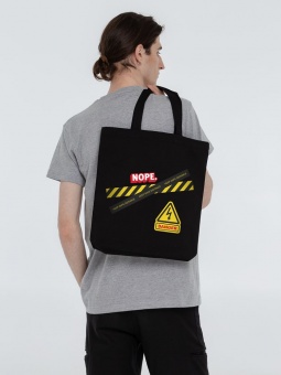 Холщовая сумка с термонаклейками Cautions, черная фото 