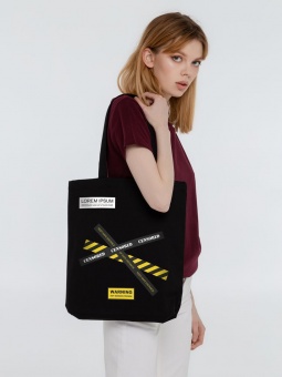 Холщовая сумка с термонаклейками Cautions, черная фото 