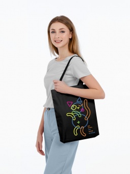 Холщовая сумка с термонаклейками «Собери кота», черная фото 