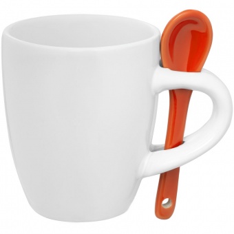 Кофейная кружка Pairy с ложкой, белая с оранжевой фото 