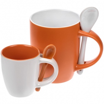 Кофейная кружка Pairy с ложкой, оранжевая с белой фото 