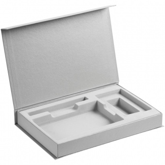 Коробка Silk с ложементом под ежедневник 10x16 см, аккумулятор и ручку, серебристая фото 