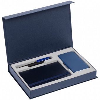 Коробка Silk с ложементом под ежедневник 10x16 см, аккумулятор и ручку, синяя фото 