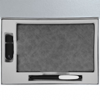 Коробка Silk с ложементом под ежедневник 13x21 см, флешку и ручку, серебристая фото 