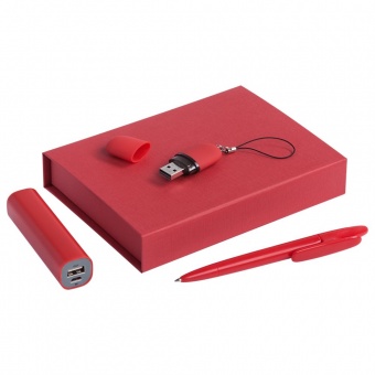 Набор Bond: аккумулятор, флешка и ручка, красный фото 