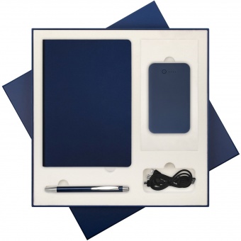 Подарочная коробка с ложементом для ежедневника, ручки и аккумулятора, синяя (под съемные ложементы) фото 