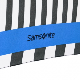 Зонт складной R Pattern, черно-белый в полоску с голубым кантом фото 