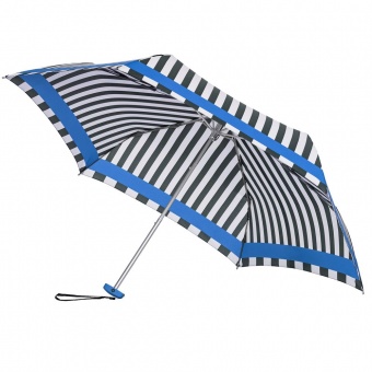Зонт складной R Pattern, черно-белый в полоску с голубым кантом фото 1