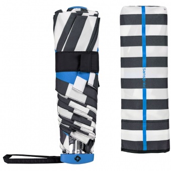 Зонт складной R Pattern, черно-белый в полоску с голубым кантом фото 3