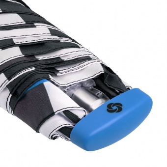Зонт складной R Pattern, черно-белый в полоску с голубым кантом фото 4