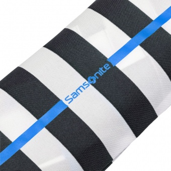 Зонт складной R Pattern, черно-белый в полоску с голубым кантом фото 6