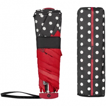 Зонт складной R Pattern, черный в белый горох с красным кантом фото 